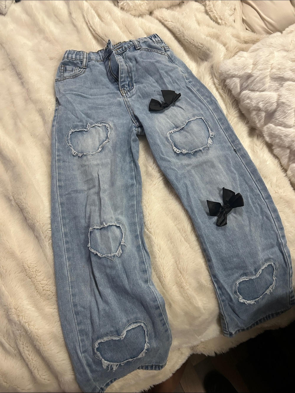 Light Blue Distressed Heart Patch Jeans with Black Bows - Women